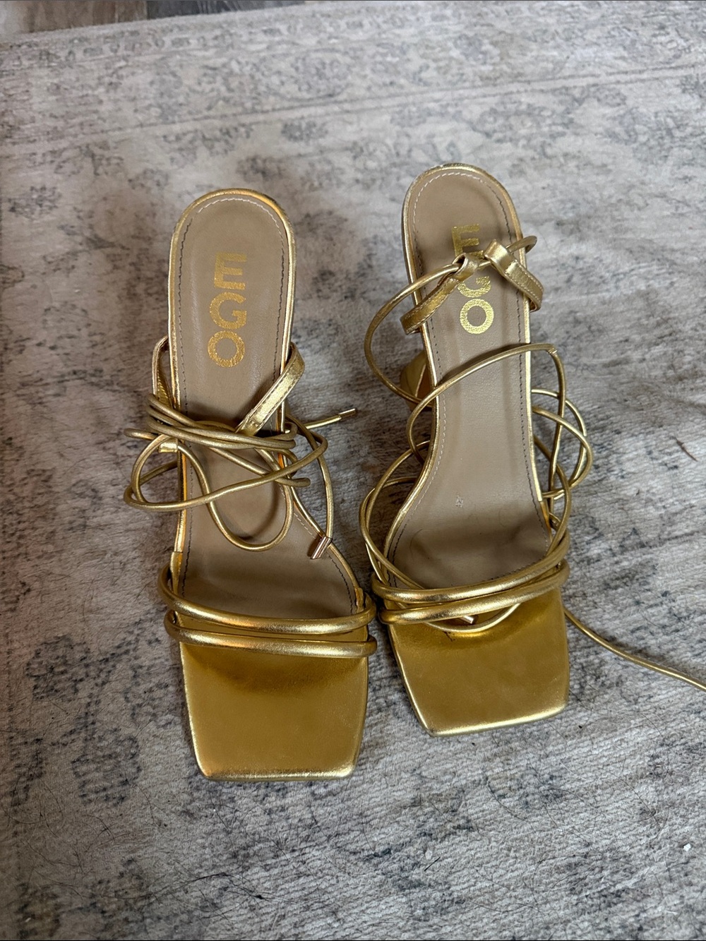 EGO Metallic Gold Wrap-Strap Square-Toe Heels